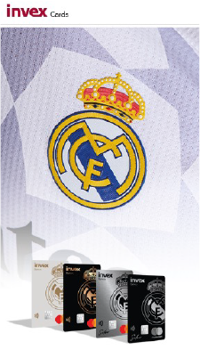 Image showing the Real Madrid logo on a white and blue background, with a display of four Invex credit cards in white, gold, silver, and black, featuring the Real Madrid logo and contactless payment symbols.