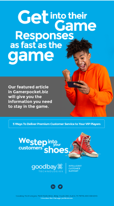 A person reacts excitedly while viewing a smartphone. The text promotes Gamerpocket.biz, offering customer service insights. Red sneakers are featured at the bottom.