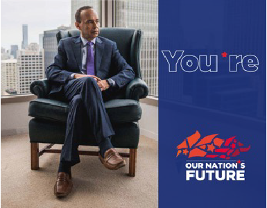 A person in a suit sits in a chair beside a large window overlooking a cityscape. The text You´re and Our Nation’s Future is on a blue background with a stylized flag logo.