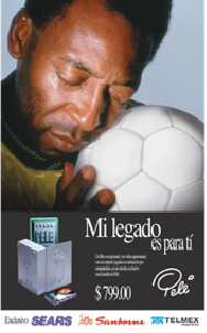 A person holding a soccer ball with eyes closed. The text reads Mi legado es para ti and mentions a multimedia package priced at $799. The logos of SEARS, Sanborns, and Telmex are at the bottom.